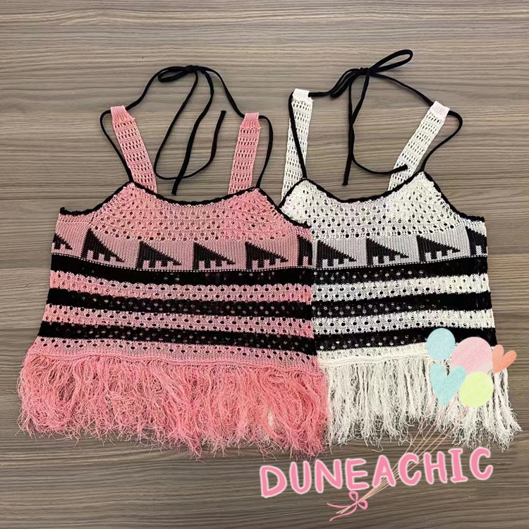 DUNEA Áo Hai Dây Kẻ Sọc Phối Tua Rua Thời Trang Cho Nữ