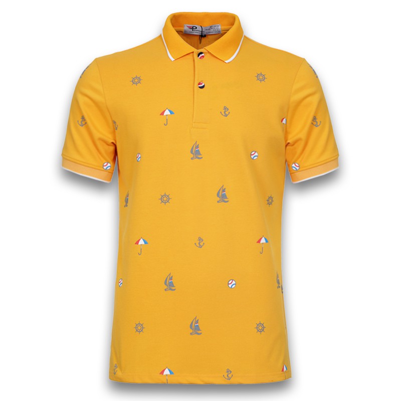 Áo thun nam cổ bẻ họa tiết con thuyền phối bo Pigofashion AHT27 màu vàng, chọn nhiều màu.