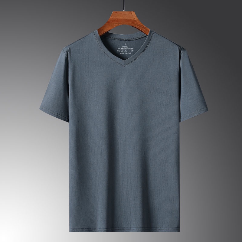 Áo Thun Tay Ngắn Cổ Chữ V Màu Sắc Đơn Giản Chất Liệu Lụa Lạnh Nhanh Khô Cho Nam Giới