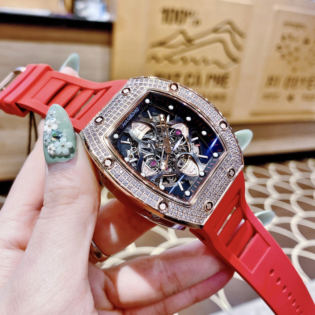 Đồng Hồ Nam Nữ Hanboro Nam Máy Automatic, Nữ Máy Pin , Dây Cao Su Màu Đỏ , Size 36mm/48mm fullbox