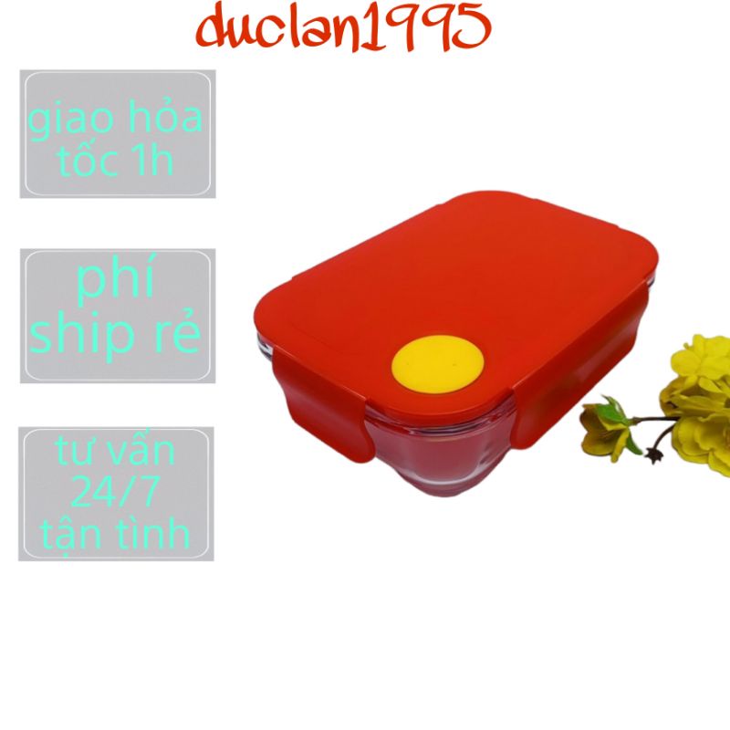 (Ship Hỏa Tốc An Toàn) Hộp Thủy tinh chữ nhật 640ml đựng cơm đựng đồ ăn tiện lợi hiện đại hộp thủy tinh nâu đỏ