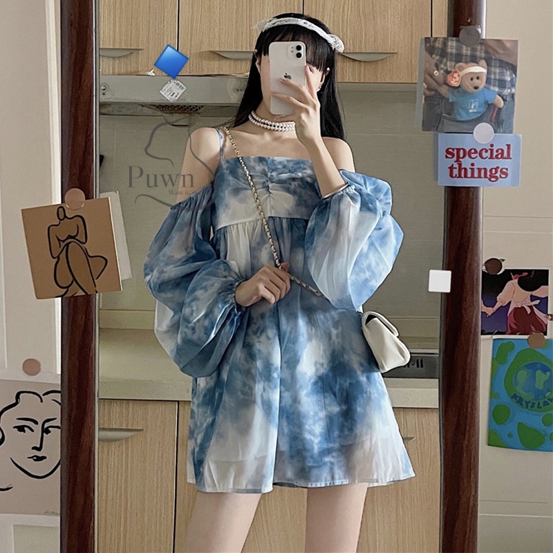 Váy trễ vai voan xanh loang tiểu thư  Puwn Shop