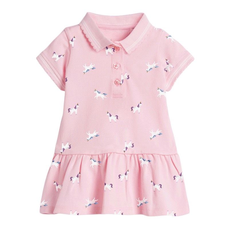 Đầm thun cotton Little Maven, cổ polo, chân váy đuôi cá, hoạ tiết ngựa Pony