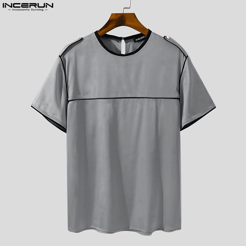Áo thun INCERUN tay ngắn cổ tròn màu sắc tương phản thời trang cho nam