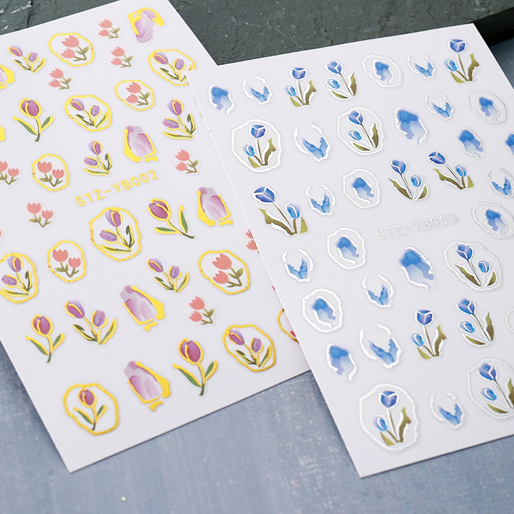 Miếng Dán Trang Trí Móng Tay 3D Hình Hoa Tulip Màu Hồng/ Bạc Thời Trang