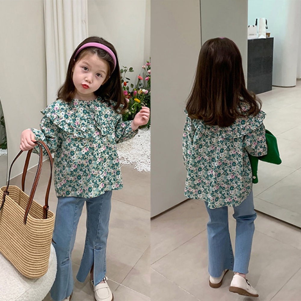 Set Áo Sơ Mi Cổ Bẻ Họa Tiết Hoa Và Quần Jeans Phong Cách Hàn Quốc Cho Bé Gái