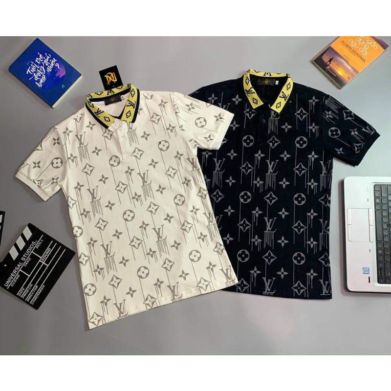 Áo thun nam nữ Gucciis in sọc chữ Lv hoa văn nỗi bật - vải cotton co dãn
