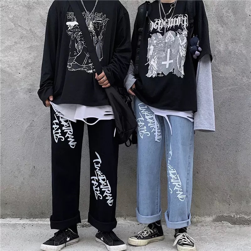 QUẦN BAGGY NAM ỐNG RỘNG T-A-N DÁNG SUÔNG PHONG CÁCH HÀN QUỐC-QJi12-THỜI TRANG UNISEX-có size Nam Nữ hình in,màu đen,xanh