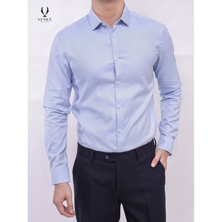 .Sơ Mi Nam Dài Tay VENISCE - Xanh Nhạt Cổ Ngược, Cúc Trắng Xanh, Form Slim Fit, Vải Cotton