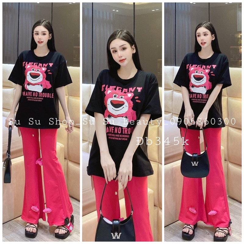 Set áo thun cotton gấu quần ống rộng gân hồng 4 gấu đính ghim G6