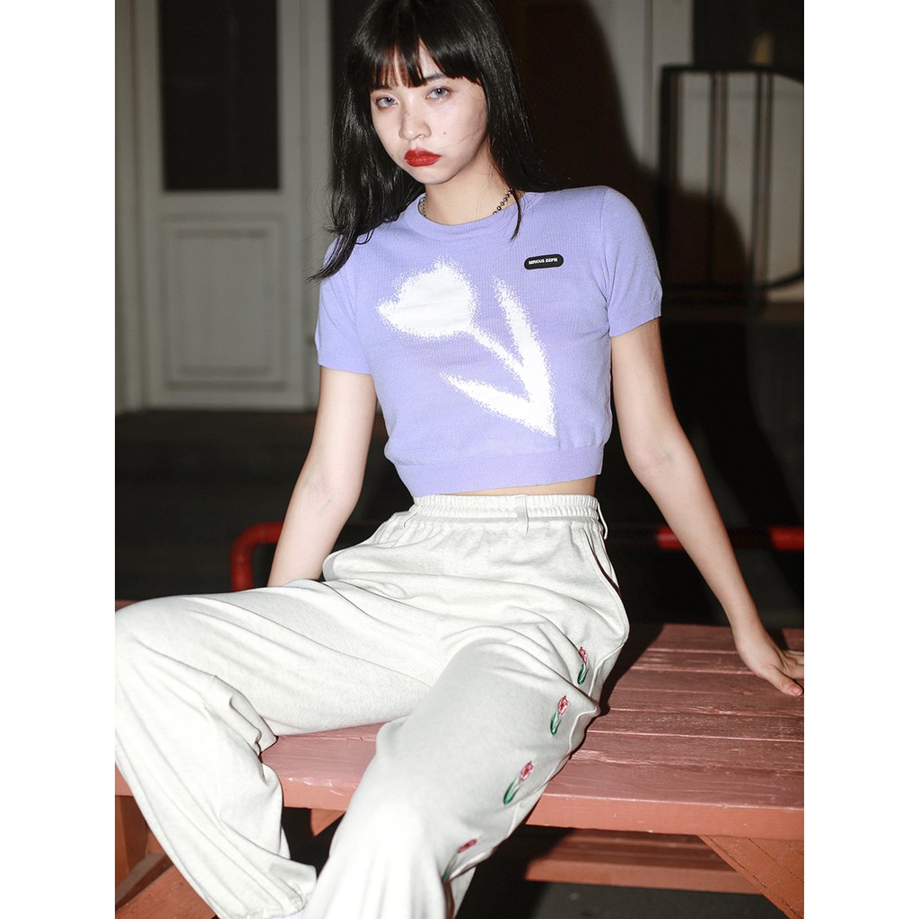 Áo croptop XIAOZHAINV dệt kim tay ngắn hoạ tiết hoa nữ tính thời trang