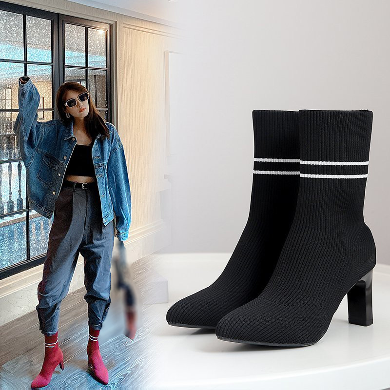 Bốt Cổ Chân Của Phụ Nữ, Giày Boots Cao Gót Màu Đỏ Cá Nhân Hóa, Bốt Kiểu Bít Tất Đàn Hồi Thời Trang Có Sọc