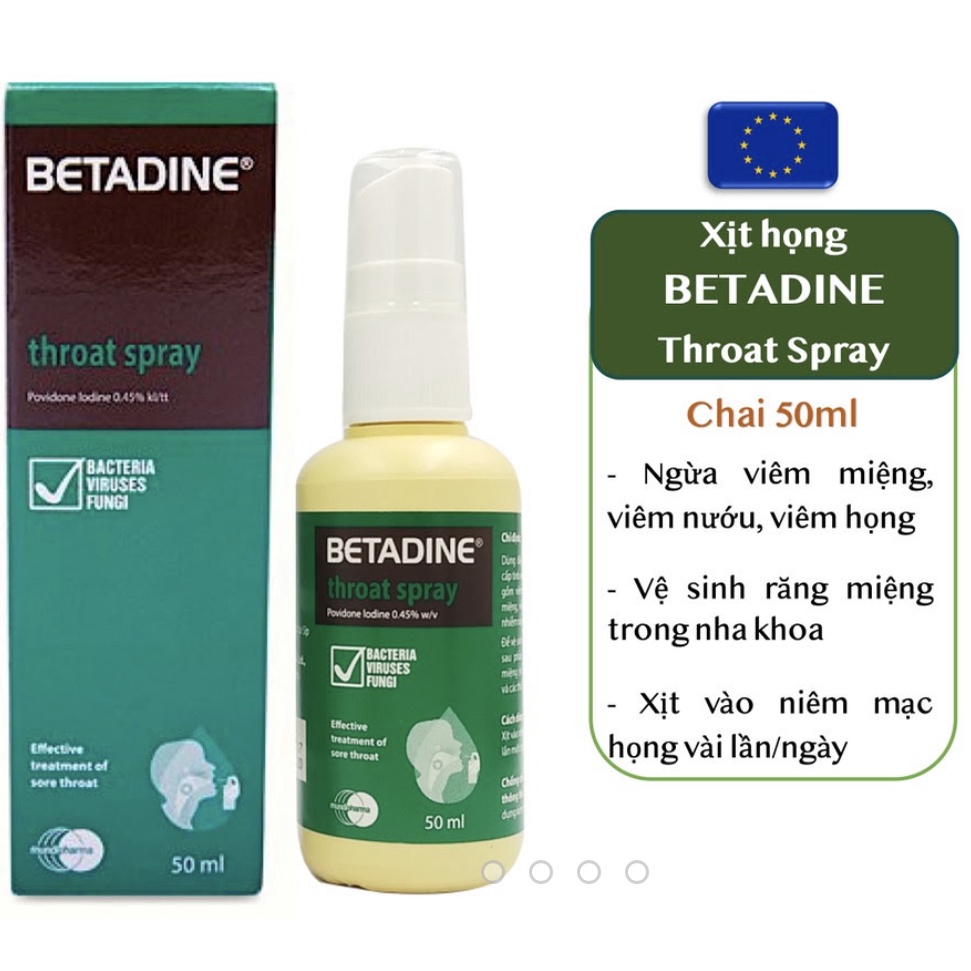 Dung dịch xịt họng BETADINE Throat Spray 50ml Giúp Sát Khuẩn, Vệ Sinh Khoang Miệng và Họng Hiệu Quả