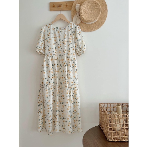 Váy babydoll hoa nhí tay bông, Đầm tiểu thư dáng dài đi chơi đi biển siêu xinh