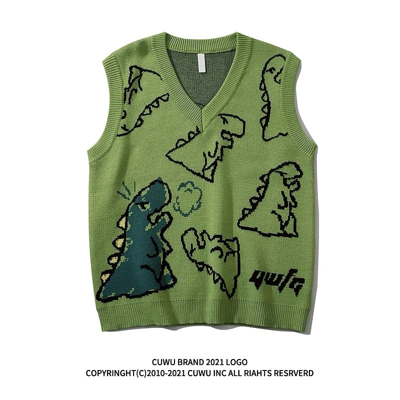 Áo gile len Sát Nách Dáng Rộng Cổ Chữ Hoạt Hình Khủng Long