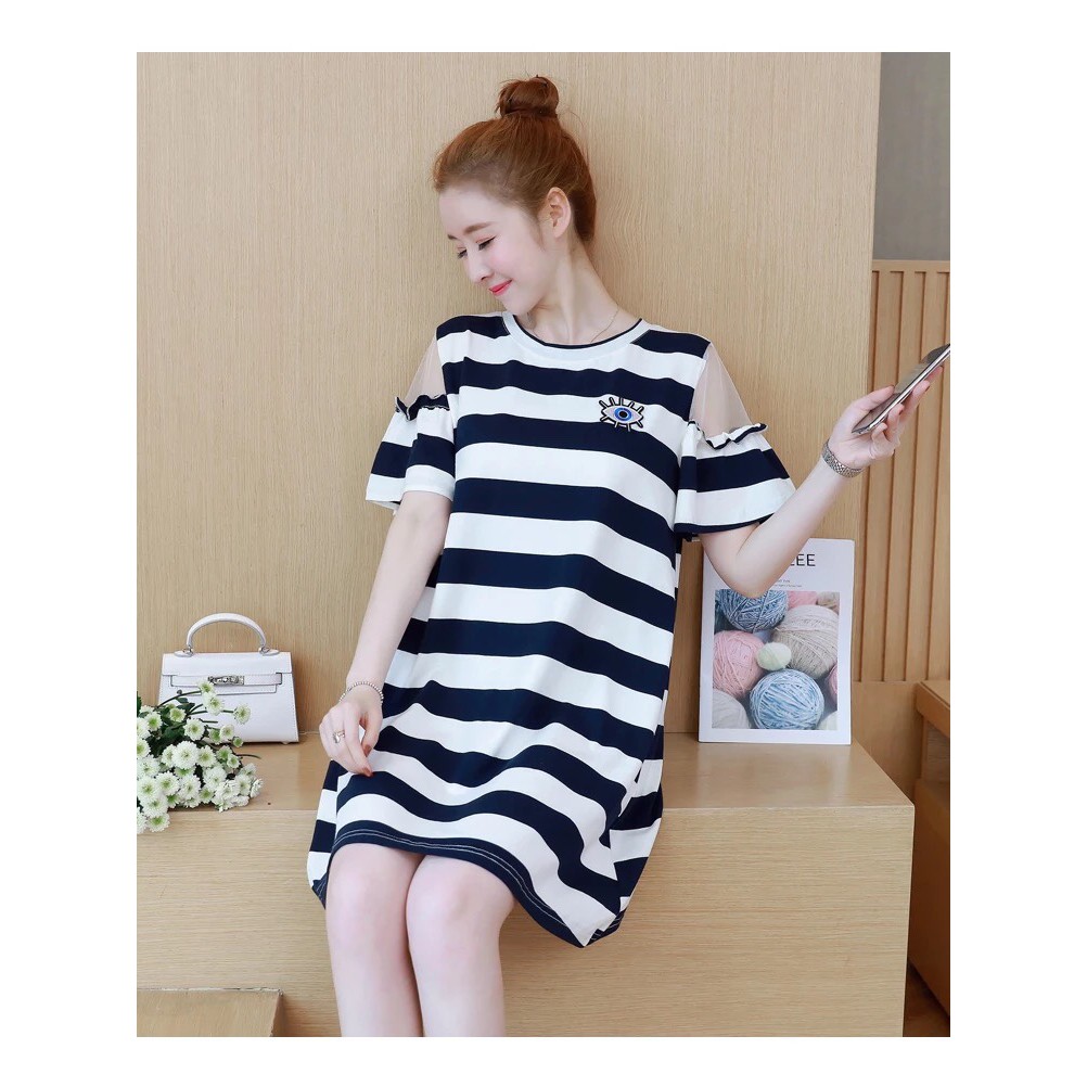 ĐẦM SUÔNG SỌC HỞ VAI PHỐI LƯỚI | BigBuy360 - bigbuy360.vn