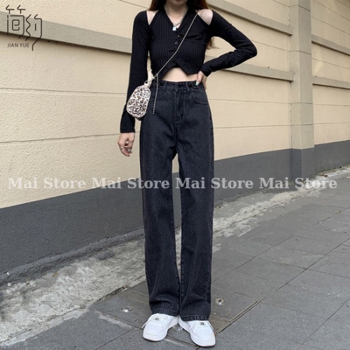 Quần jeans ống suông đen khói xanh cạp cao siêu hack chân siêu tôn dáng MaiStore | BigBuy360 - bigbuy360.vn