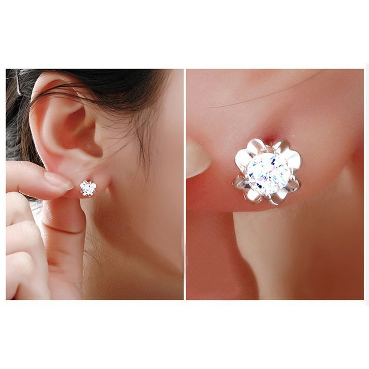 Hoa tai mạ bạc hình hoa đính đá sang trọng