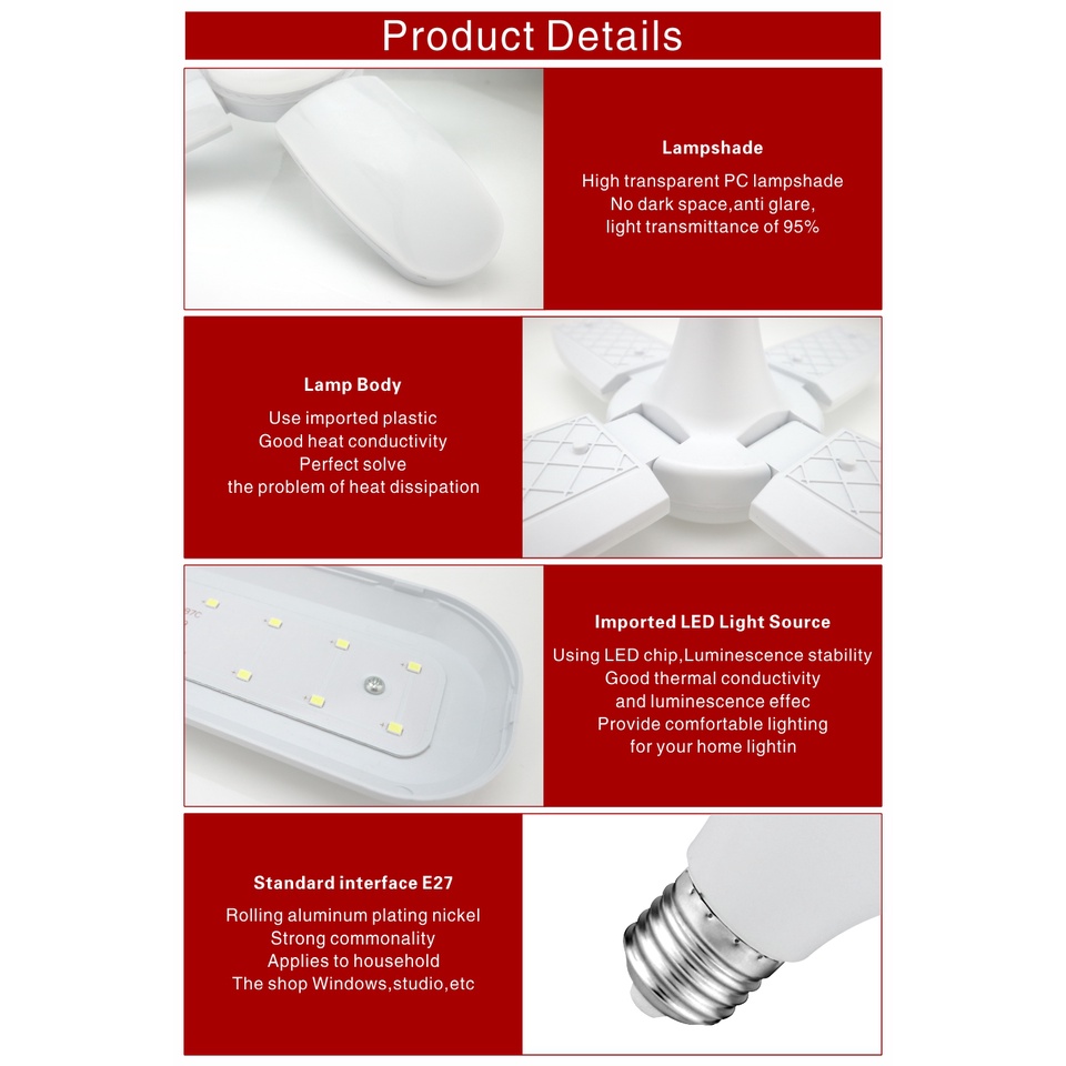 Bóng Đèn LED E27 24W 45W 60W AC 220V Ánh Sáng Trắng Có Thể Gập Lại Kèm Quạt 360 Độ
