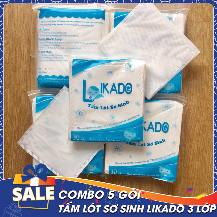 COMBO 5 Gói tấm lót sơ sinh Likado 3 lớp siêu thấm chống tràn (Gói 30 tờ)