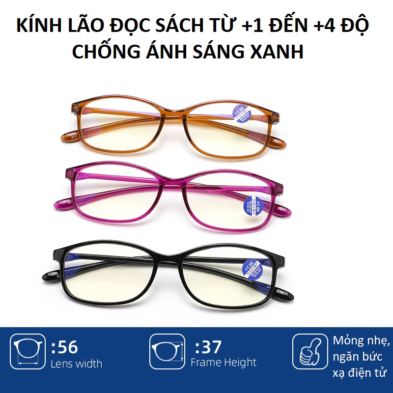 Kính lão đọc sách mỏng nhẹ chất liệu TR90, chống bức xạ điện tử, chống ánh sáng xanh có hại từ điện thoại, máy tính
