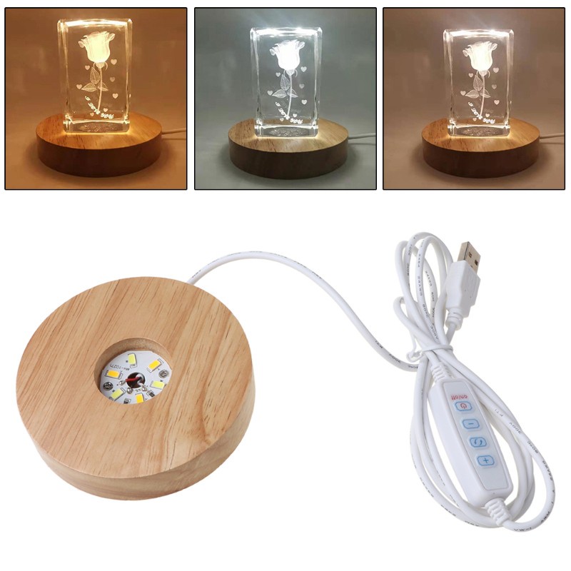 SPMH Handmade Wood  Resin Art Dispaly Base 3 Colors LED Light 3D Crystals Glass Ornament Night Lamp Base Stand