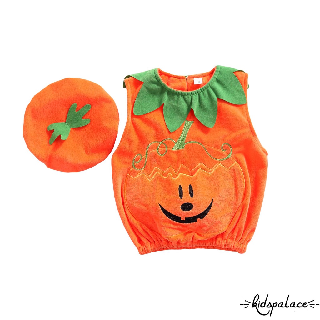 Set áo không tay thêu hình quả bí đỏ và quần dài phong cách Halloween cho bé