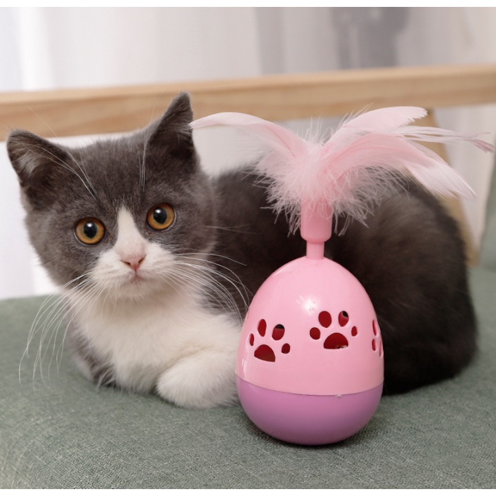 Quả cầu lật đật cho mèo có gắn lông vũ và chuông phát âm thanh - Đồ chơi cho mèo Hàng cao cấp
