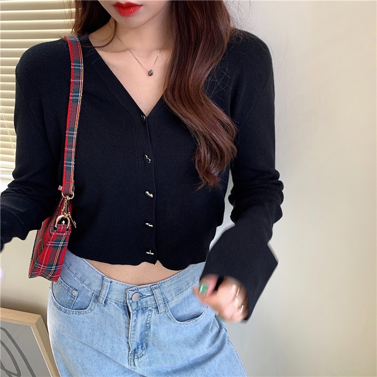 Áo cardigan ZHELIHANGFEI dệt kim tay dài cổ chữ V eo cao phong cách quyến rũ