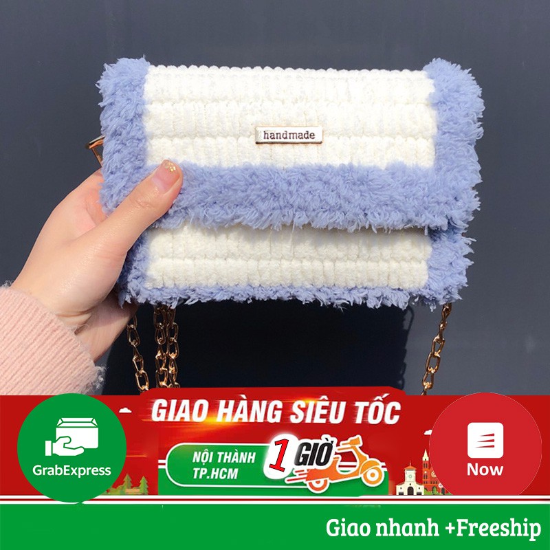 Túi Xách Len Dệt Tay Phối Màu Trắng-Xanh  - TÚI HANDMADE HOTREND TIKTOK 2020