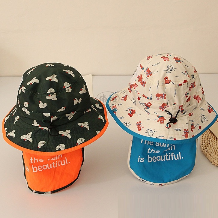 Mũ vành cho bé / Mũ vành che gáy/ Nón rộng vành chống nắng có tấm che gáy chất cotton mềm đẹp có điều chỉnh rộng chật