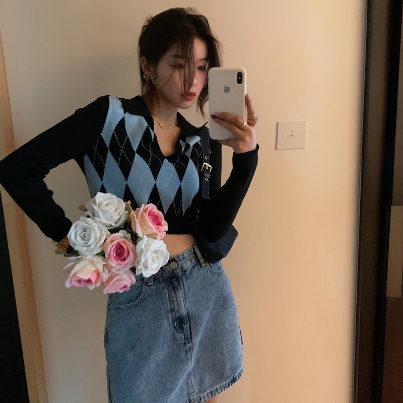 Áo sweater dệt kim dáng ngắn phong cách retro thời trang