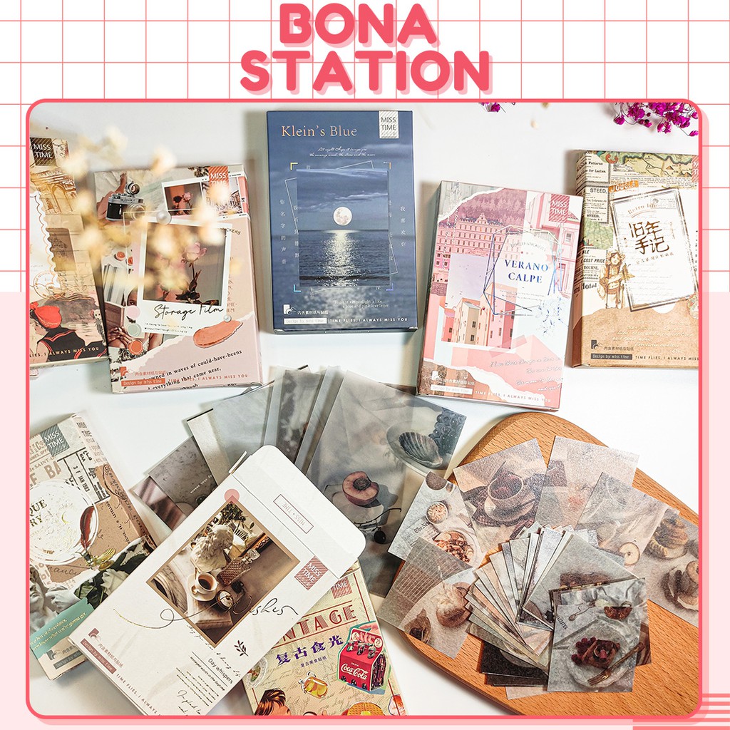 Hộp 55 sticker và giấy nền Nhật ký Paris style Vintage trang trí bullet journal | BSB159