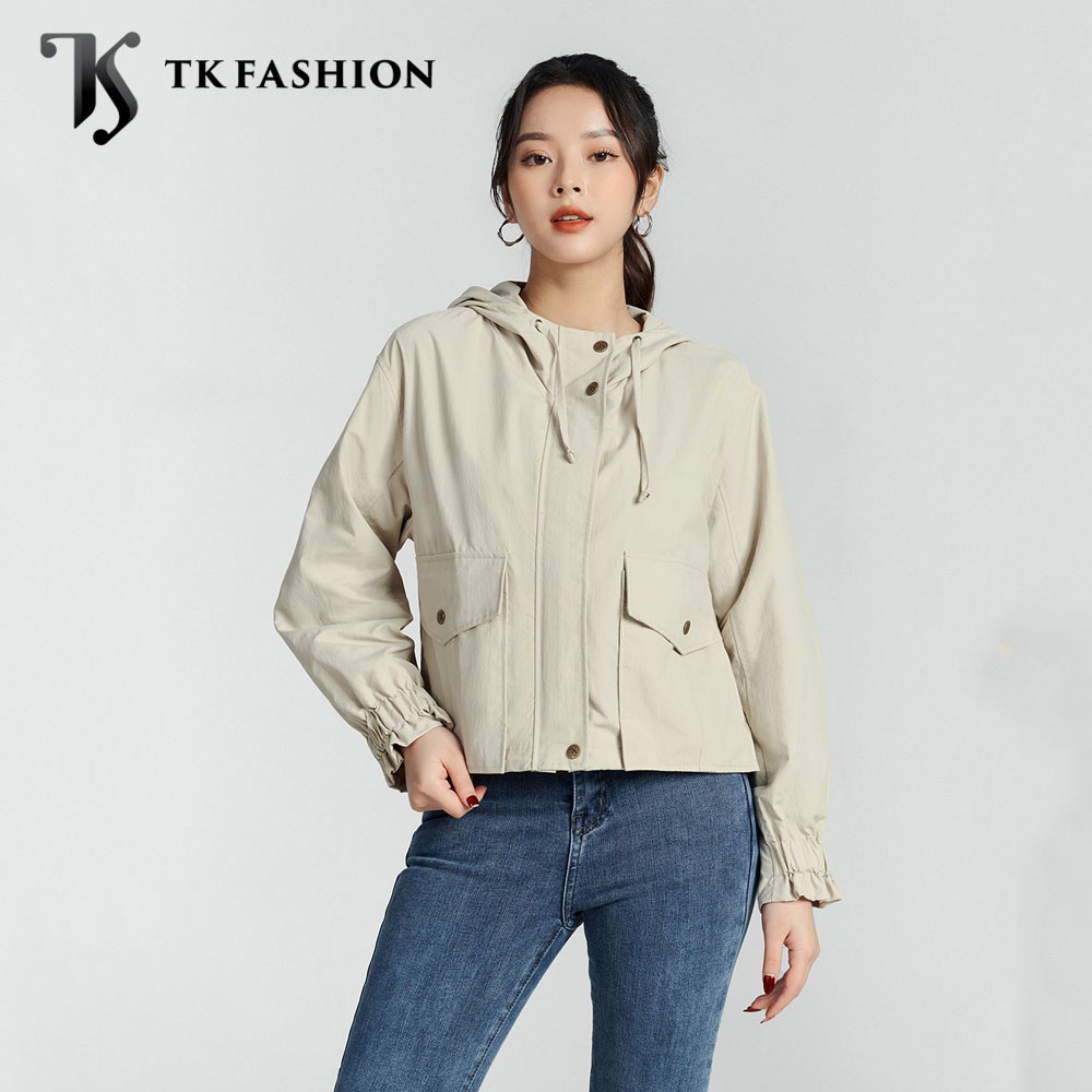 Áo khoác nữ, chất kaki Hàn, dáng ngắn, có mũ, nhún xếp ly cửa tay, KK K140 hàng thiết kế cao cấp TK Fashion