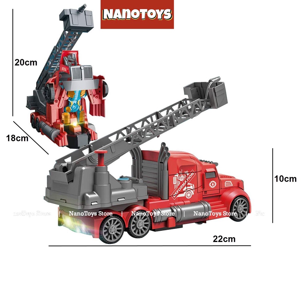Đồ chơi xe cứu hoả phun nước biến hình Robot - có còi hụ, đèn, tránh chướng ngại vật - tặng kèm pin - NANOTOYS STORE