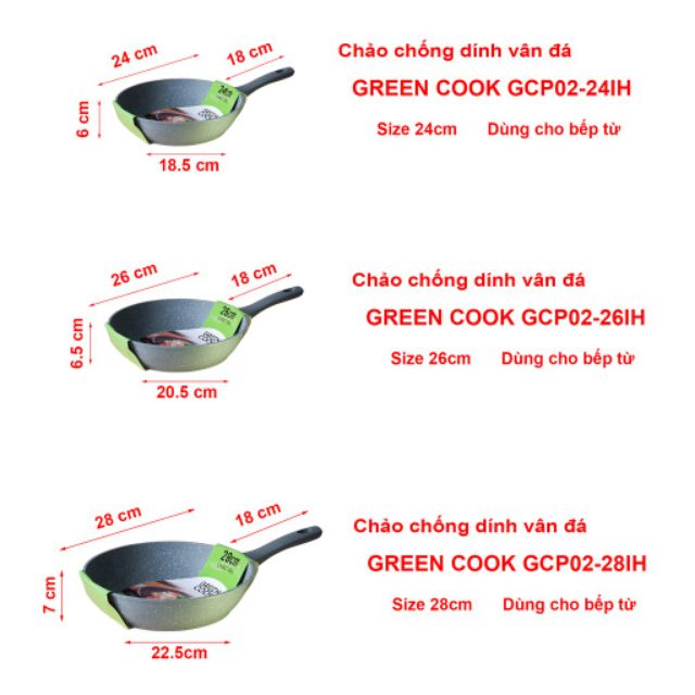 Combo 2 chảo đá sâu lòng 24_26cm DÙNG ĐƯỢc BẾP TỪ Green cook