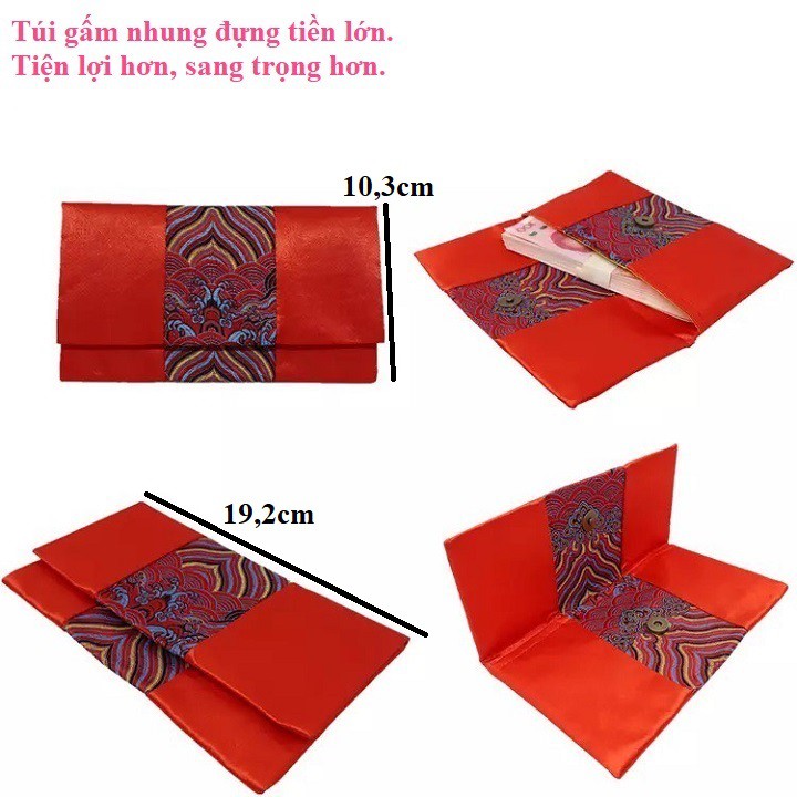 Túi gấm đỏ thổ cẩm lớn đựng tiền, bao lì xì, quà tặng; Kích thước: 19,2 x 10,3 x 1cm (Dài x Rộng x Cao); Màu đỏ-SP000242