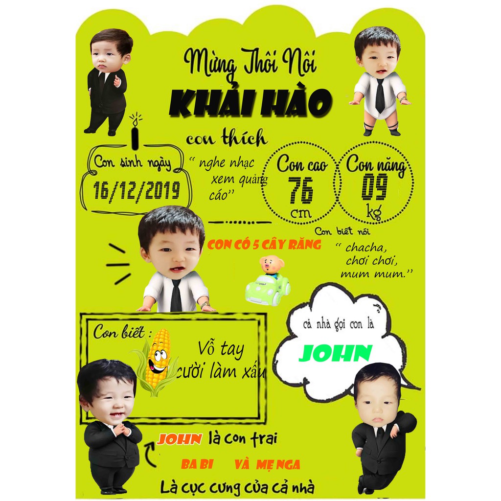 Bảng thành tích bảng thông tin hoặc bảng ảnh 12 tháng - Trang trí sinh nhật thôi nôi bé trai bé gái in hình bé