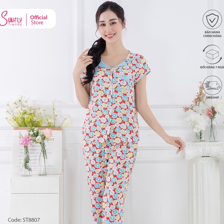Bộ đồ mặc nhà pijamas lanh SUNFLY áo cộc, quần ngố ST8807