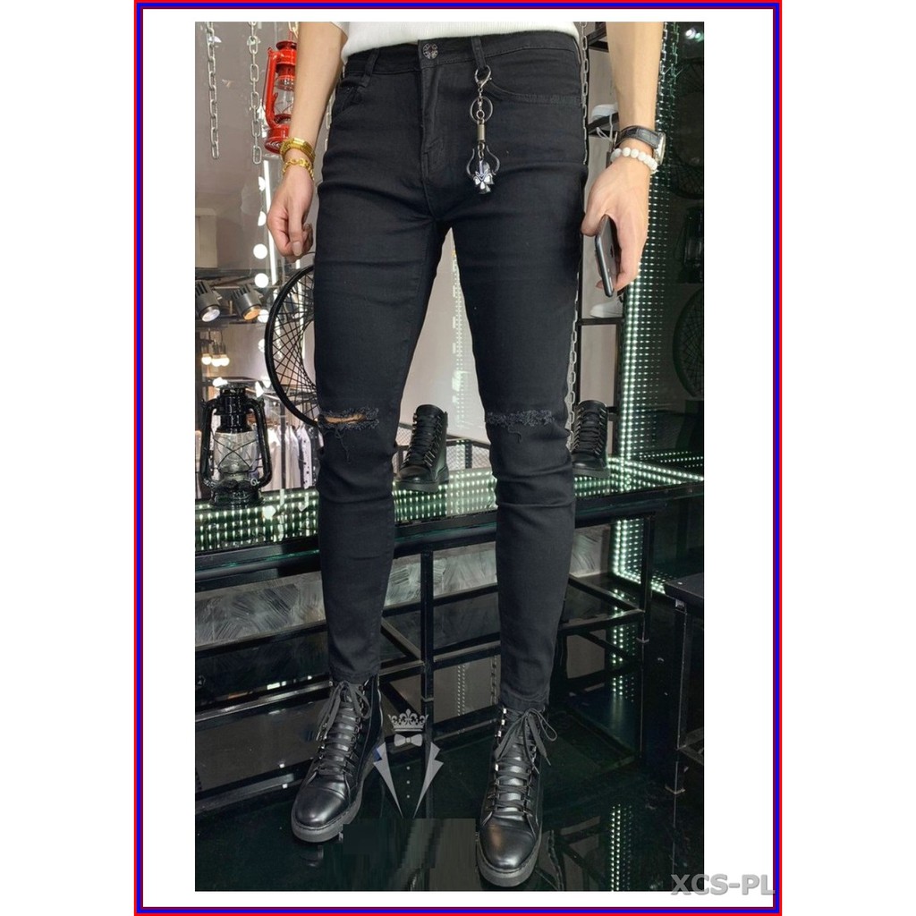 Quần jean nam cao cấp ĐEN RÁCH GỐI siêu đẹp không xù lông, không ra màu, chất giãn tốt rrgoi3-1.235