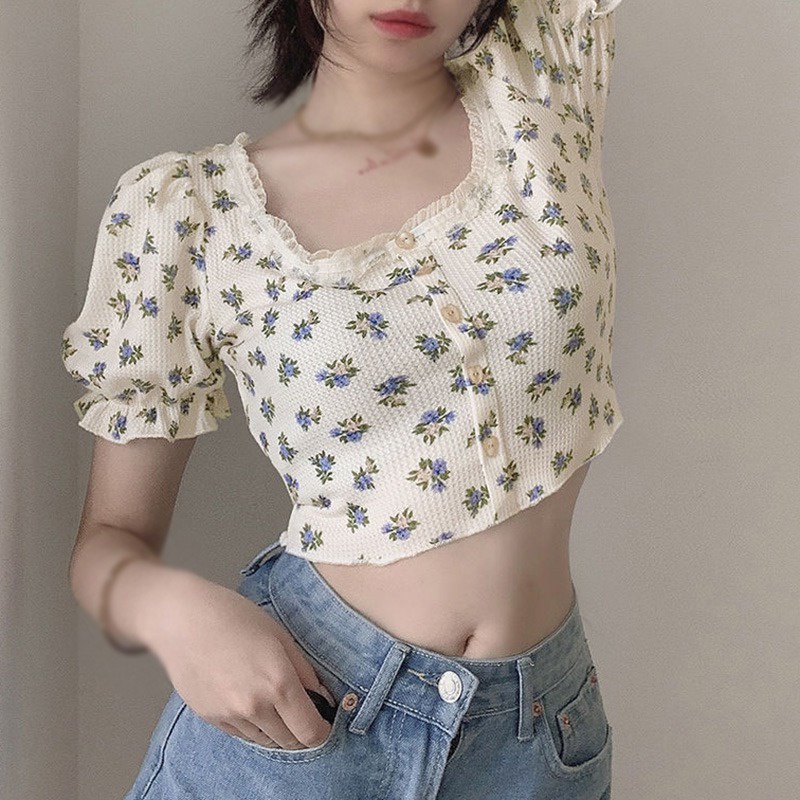 Áo Thun Crop Top Vải Voan Tay Ngắn Phồng Cổ Vuông In Họa Tiết Hoa Phong Cách Retro Hàn Quốc Dành Cho Nữ
