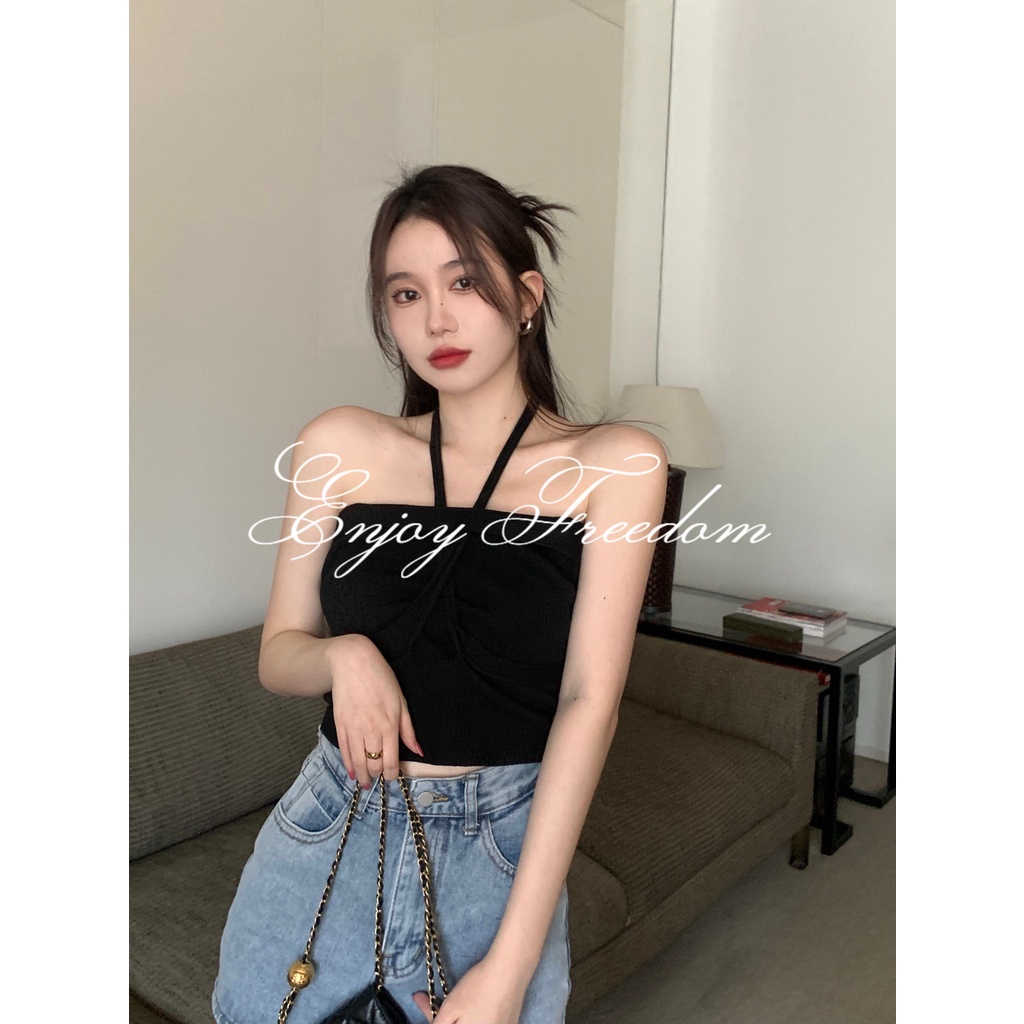 Enjoy Freedom Áo Hai Dây Ngắn Bện Ngắn Màu Trơn Quyến Rũ Cho Nữ