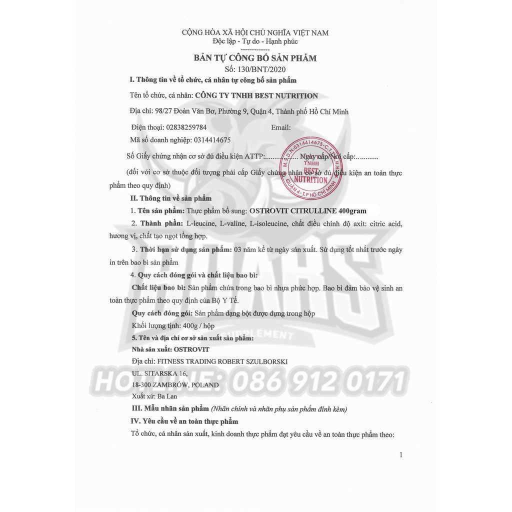 OSTROVIT CITRULLINE - TĂNG CƯỜNG SỨC MẠNH CƠ BẮP TRƯỚC TẬP