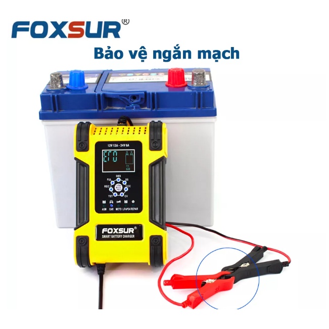 Bình ắc quy 12V10A- 24V5A, 5Ah - 200Ah FOXSUR sạc pin sắt LiFePO4 tự ngắt khi đầy khử sunfat khôi phục ắc quy Mẫu MỚI