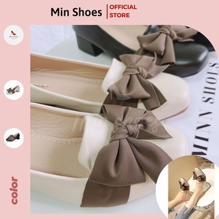 Giày da nữ cao gót nơ lụa đế vuông 5cm