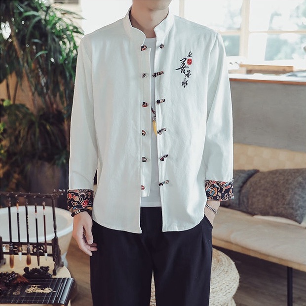 Áo Sơ Mi Cotton Lanh Tay Dài Cổ Đứng Thêu Họa Tiết Phong Cách Trung Hoa Retro Cho Nam