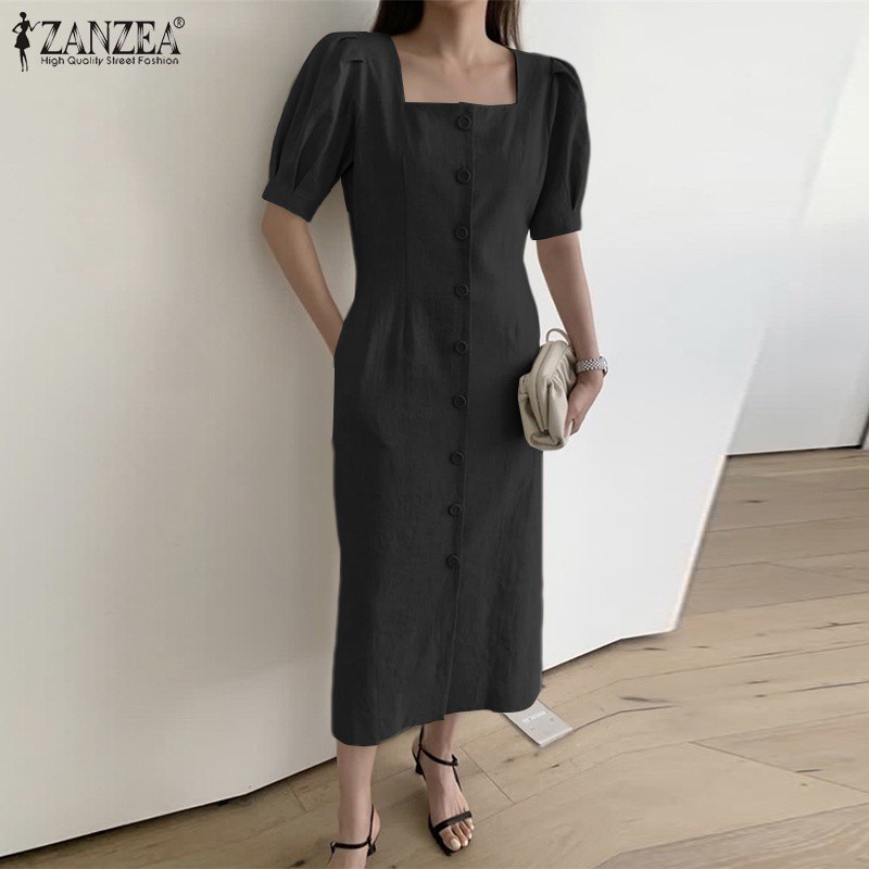 Đầm ZANZEA ôm dáng cổ vuông tay ngắn màu trơn thanh lịch cho bạn gái