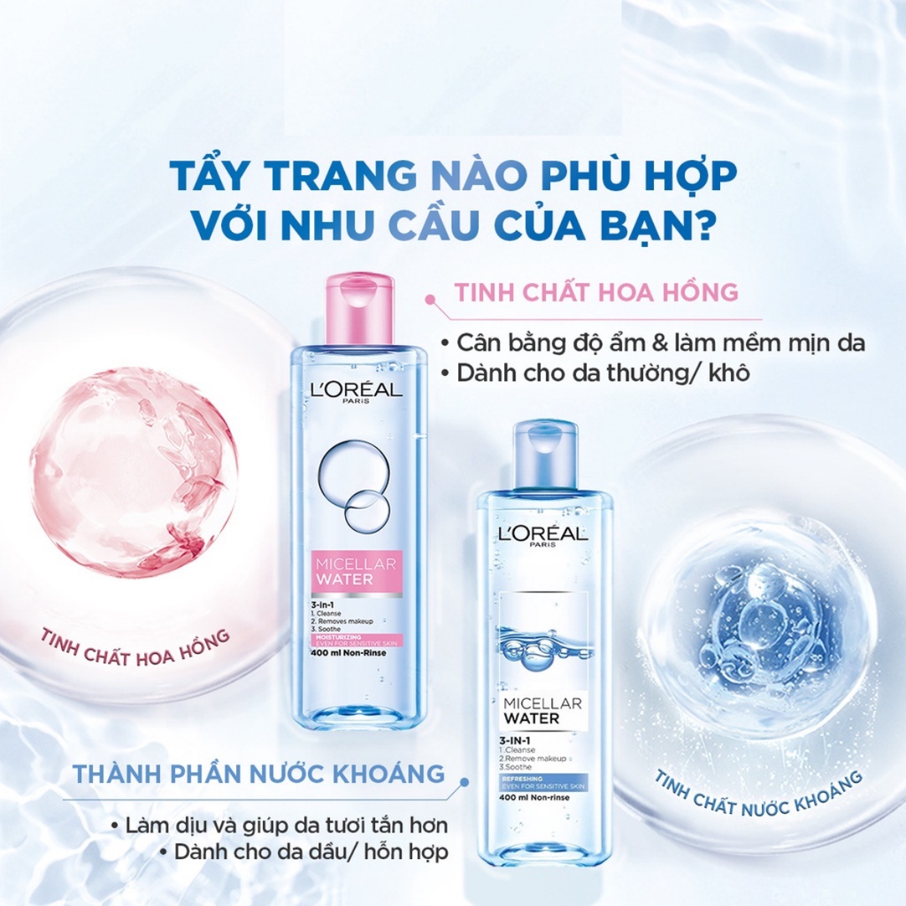 Nước tẩy trang Loreal, nước tẩy trang L'Oreal Paris 3-in-1 Micellar Water 400ml | BigBuy360 - bigbuy360.vn