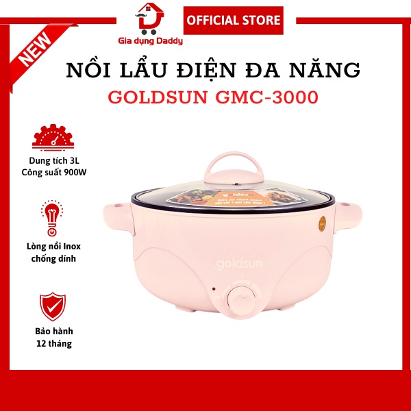 Nồi lẩu điện mini đa năng Goldsun GMC3000 Dung tích 3L, Lòng nồi Inox chống dính, Vung kính chịu lực Bảo hành 12 tháng