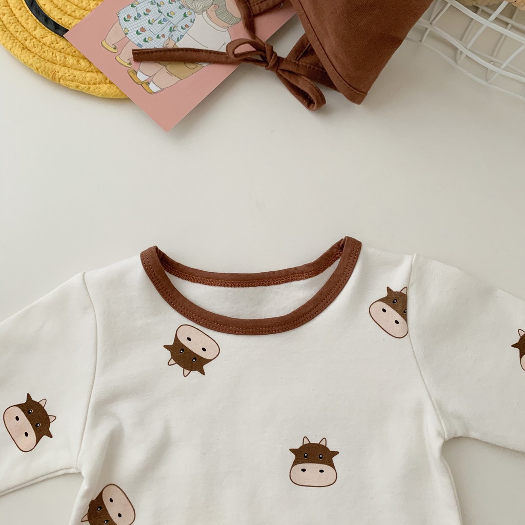 Bộ áo liền quần tay dài chất liệu cotton kèm mũ dễ thương thời trang mùa thu cho bé sơ sinh
